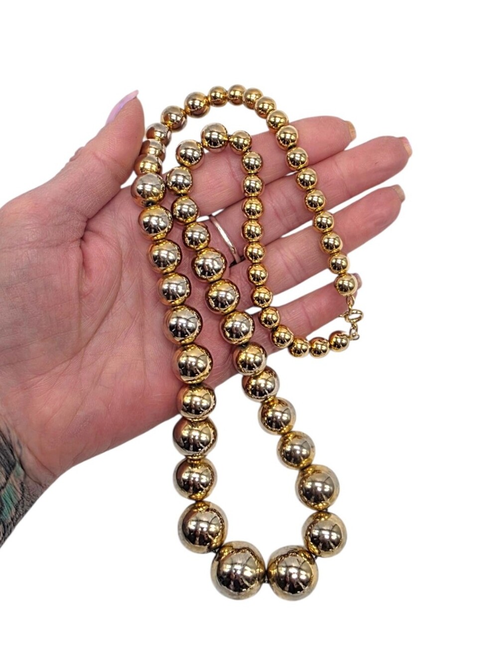 Vintage 1970s 1980s Graduated Gold Tone Bead Necklace Statement Necklace